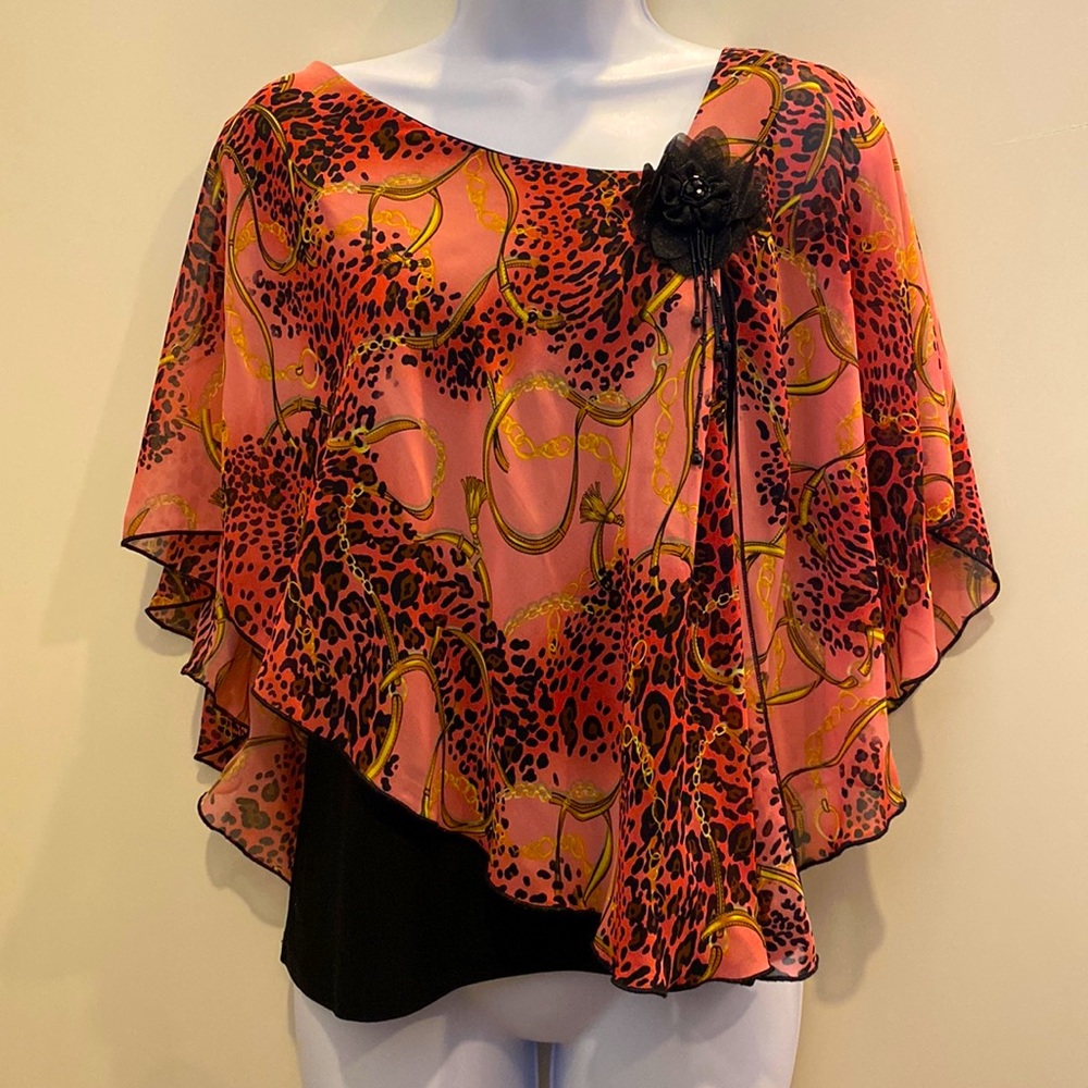 1XL (13/14) LOLLOL USA grande pink, black, brown and gold asymmetrical blouse